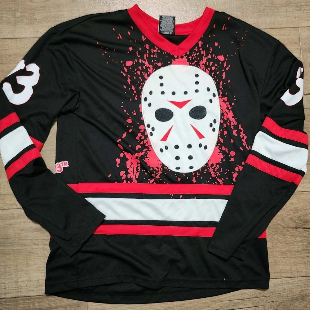 Friday the 13th Jason Voorhees Hockey Jersey Mens Medium Black Red Horror Movie‎
